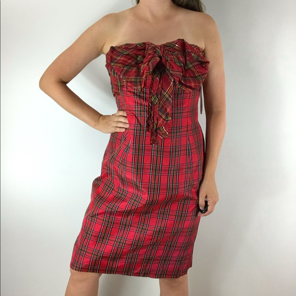 Victor Costa Red Plaid Strapless Dress